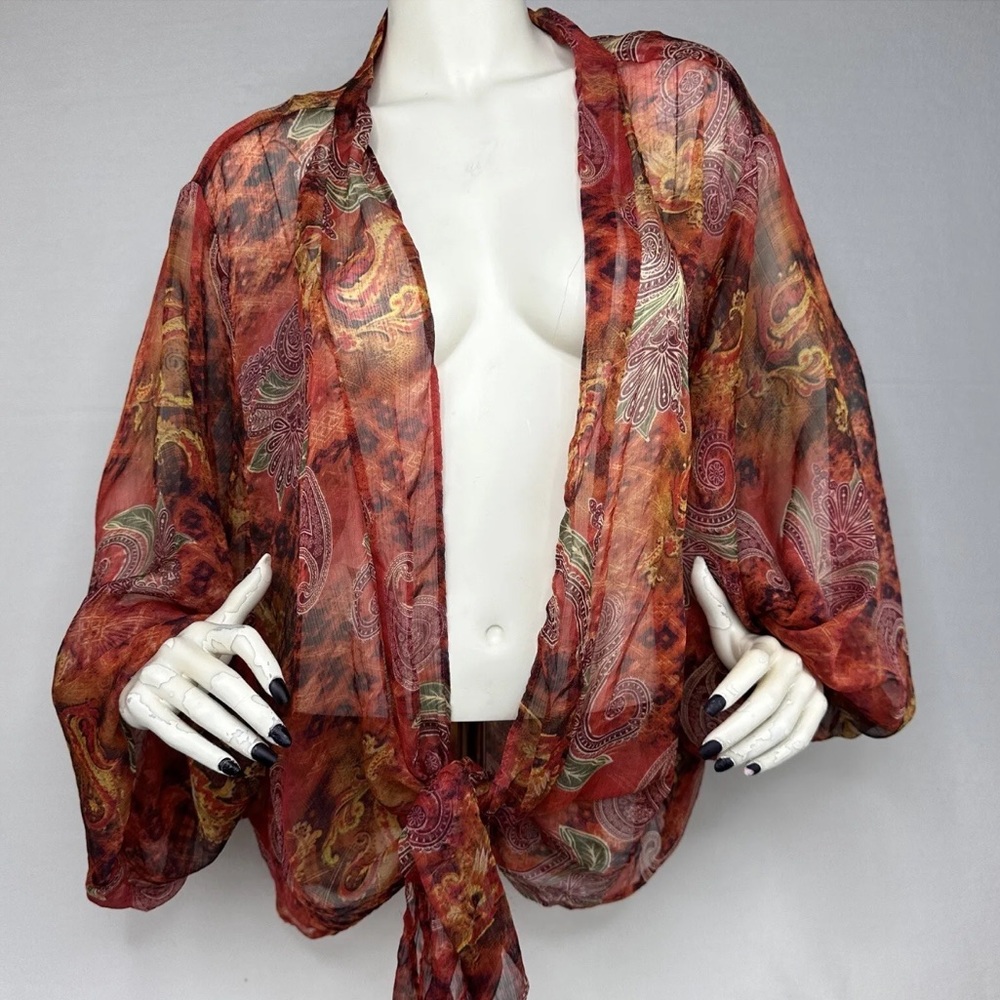 BRAND NEW ANDTHEWHY Oversized Open Tie Front Cardigan Size S Rust Paisley Sheer